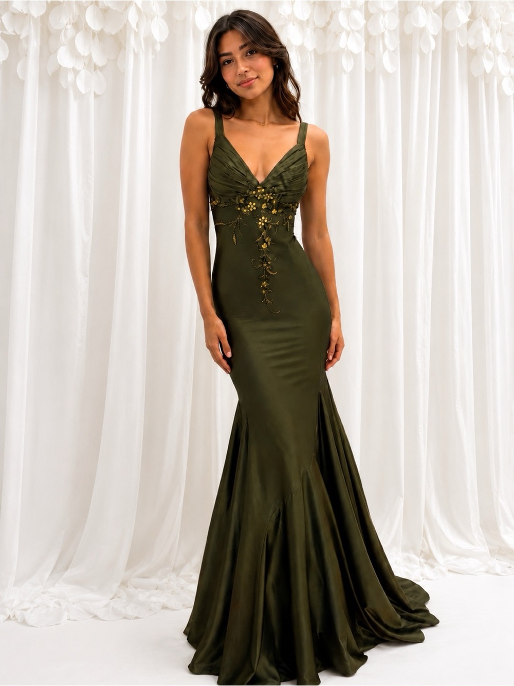 Juniors olive green evening gown by Dave & Johnny